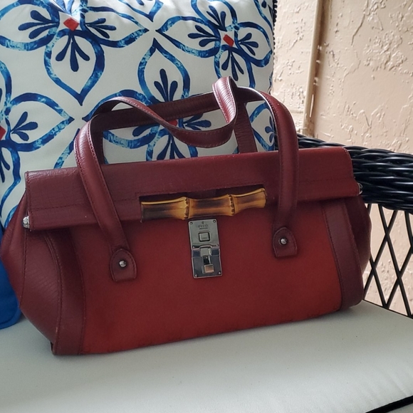 Gucci Red Monogram Leather Bamboo Bullet Handbag - Picture 1 of 5